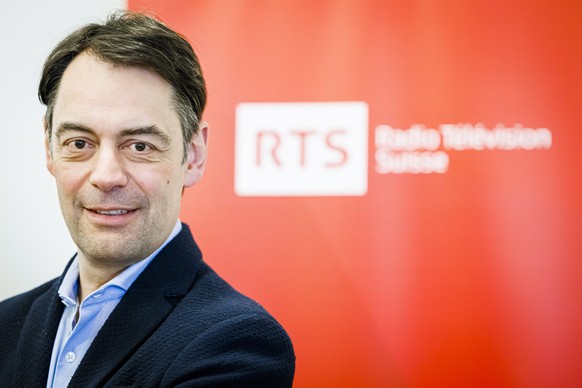 Pascal Crittin, directeur de la RTS (Radio Television Suisse) pose pour un portrait apres une conference de presse de la RTS pour le lancement de sa &quot;Belle Saison&quot; et presentation de ses nou ...