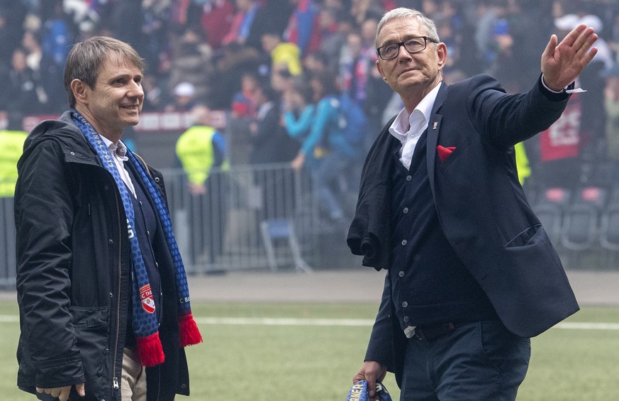 Bernhard Burgener, Praesident FC Basel, links, Roland Heri, rechts, CEO FC Basel nach dem Schweizer Fussball Cupfinalspiel zwischen dem FC Basel und dem FC Thun, am Sonntag 19. Mai 2019, im Stade de S ...