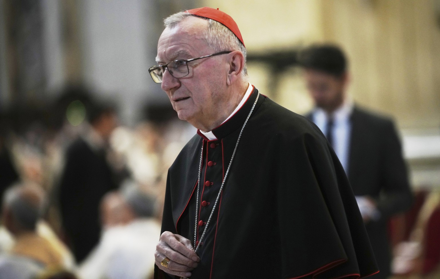 Cardinal Pietro Parolin arrives in St. Peter&#039;s Basilica to attend a mass on the eight of nine days of mourning for late Pope Francis, at the Vatican, Saturday, May 3, 2025. (AP Photo/Alessandra T ...