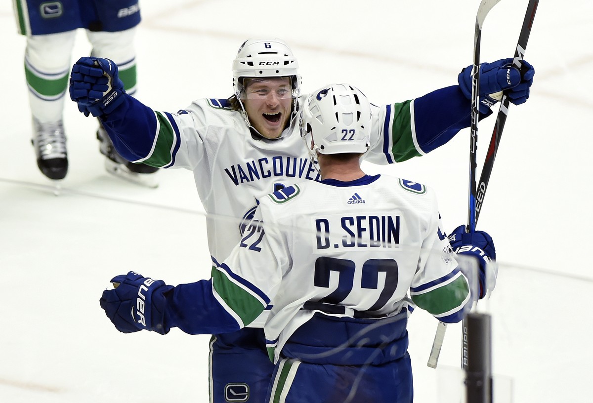 Vancouver Canucks left wing Daniel Sedin (22), of Sweden, celebrates with right wing Brock Boeser (6) after Sedin scored against the Nashville Predators,p tying the score during the third period of an ...