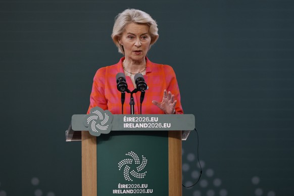 epa13083059 European Commission President Ursula von der Leyen at a press conference during the visit of the College of EU Commisioners at University College, Cork, Ireland, 03 July 2026. Ireland hold ...