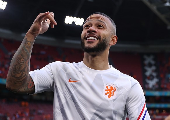 epa09291404 Memphis Depay of the Netherlands reacts after the UEFA EURO 2020 preliminary round group C soccer match between North Macedonia and the Netherlands in Amsterdam, Netherlands, 21 June 2021. ...