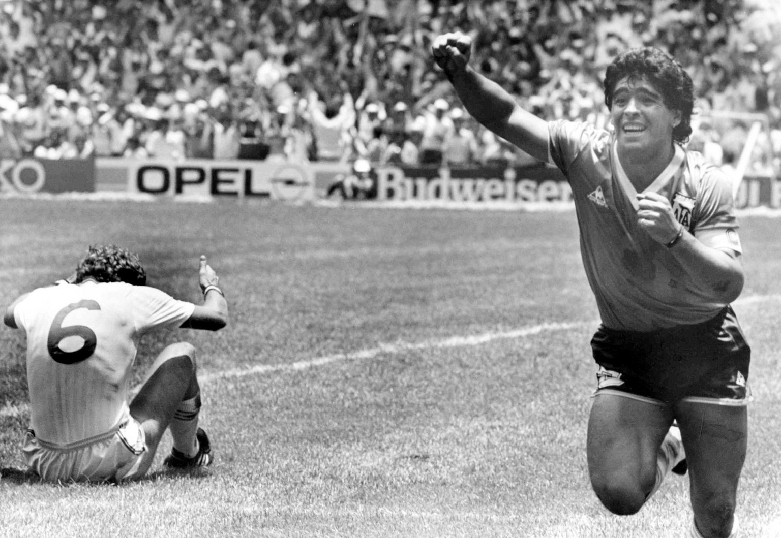 Argentina&#039;s Diego Maradona runs across the soccer field in jubilation after he had scored his second goal against England in the World Cup quarter final, in Mexico City, Mexico, on June 22, 1986. ...