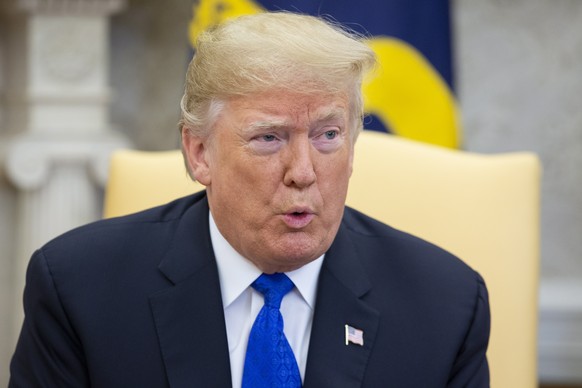 epa07224218 US President Donald J. Trump speaks while meeting with US House Speaker-designate Nancy Pelosi and US Senate Minority Leader Chuck Schumer, in the Oval Office of the White House in Washing ...