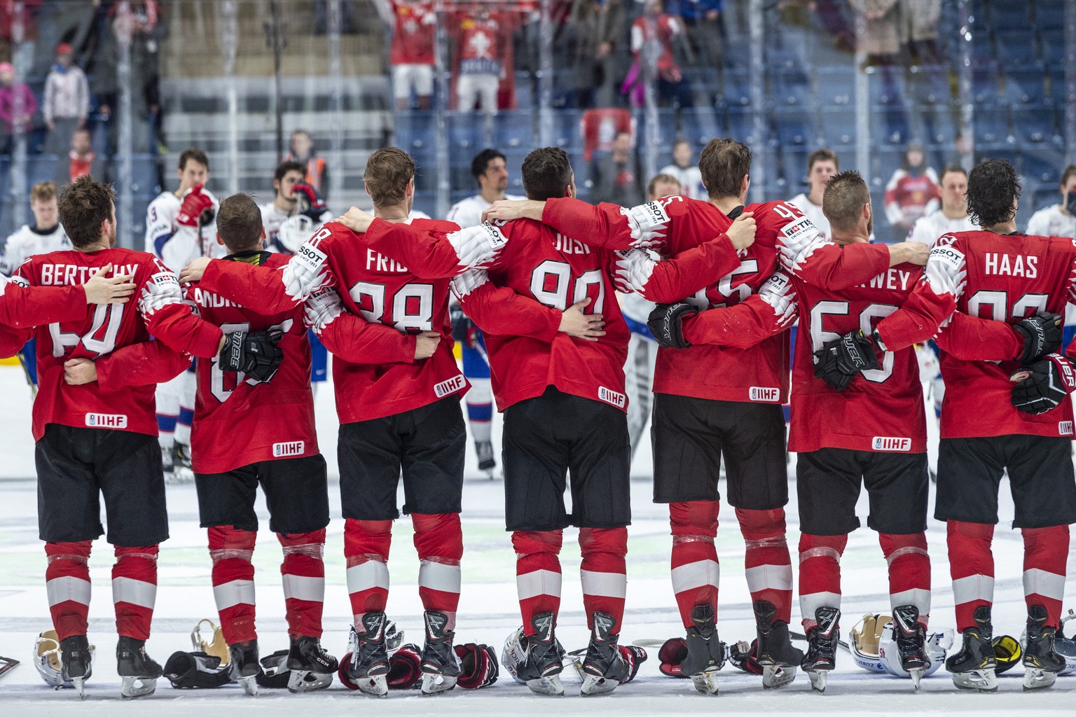 Switzerland`s team during the national hymn during the game between Switzerland and Norway, at the IIHF 2019 World Ice Hockey Championships, at the Ondrej Nepela Arena in Bratislava, Slovakia, on Wedn ...