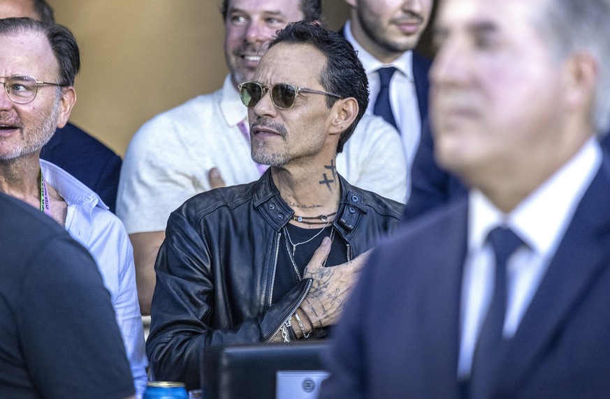 epa10761323 American singer-songwriter Marc Anthony attends the soccer league cup match between Cruz Azul and Inter Miami outside DRV PNK Stadium in Fort Lauderdale, Florida, US, July 21, 2023. EP ...