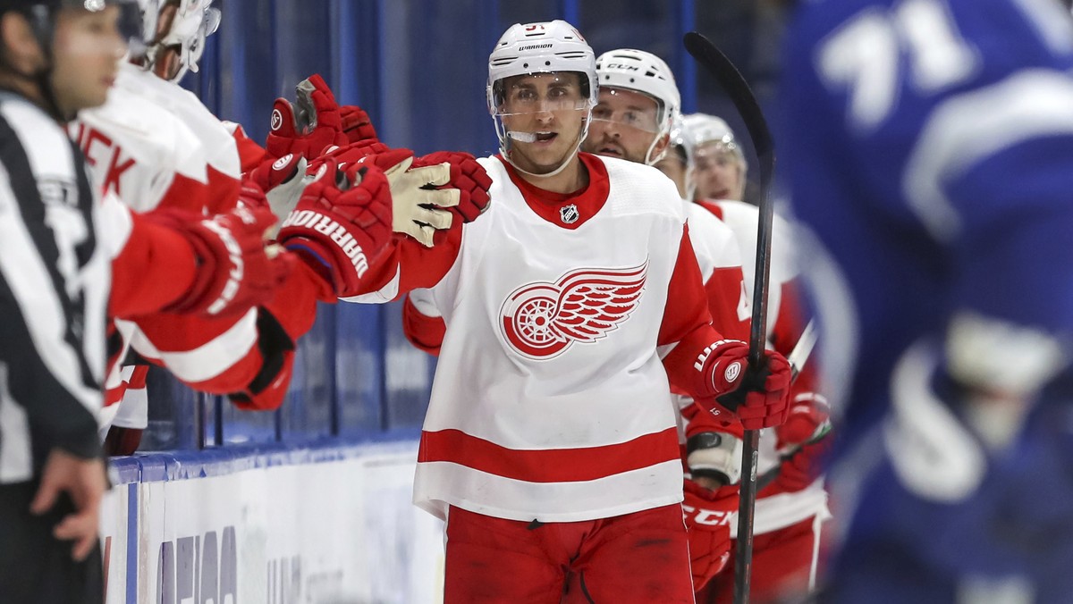 Detroit Red Wings' Valtteri Filppula, of Finland, celebrates his goal against the Tampa Bay Lightning during the second period of an NHL hockey game Sunday, April 4, 2021, in Tampa, Fla. (AP Phot ...
