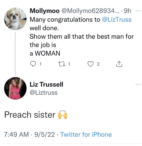 Mollymoo: Viele Glückwünsche an @LizTruss. Gut gemacht. Zeigen Sie es allen: Der beste Mann für den Job ist eine Frau.Liz Trussell: Amen, Schwester.