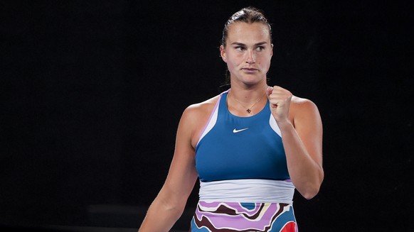 epa10430894 Aryna Sabalenka of Belarus reacts during her semi final match against Magda Linette of Poland at the 2023 Australian Open tennis tournament in Melbourne, Australia, 26 January 2023. EPA/FA ...