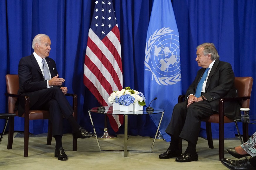 President Joe Biden meets with United Nations Secretary-General Antonio Guterres� during the 77th Session of the United Nations General Assembly on Wednesday, Sept. 21, 2022, at the U.N. headquarters. ...