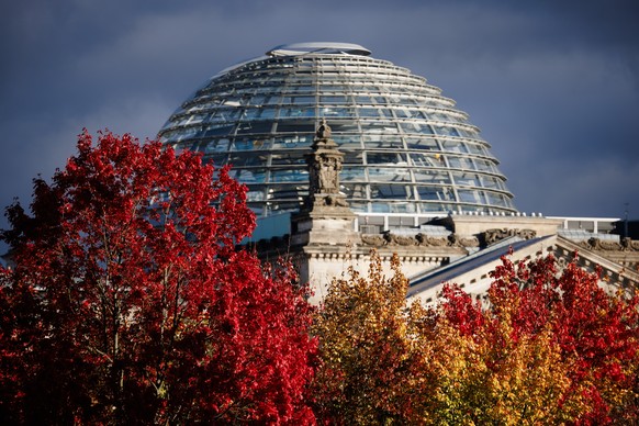 epaselect epa11675052 Trees with colorful autumn leafs stand in front of the German parliament Bundestag in Berlin, Germany, 22 October 2024. EPA/CLEMENS BILAN