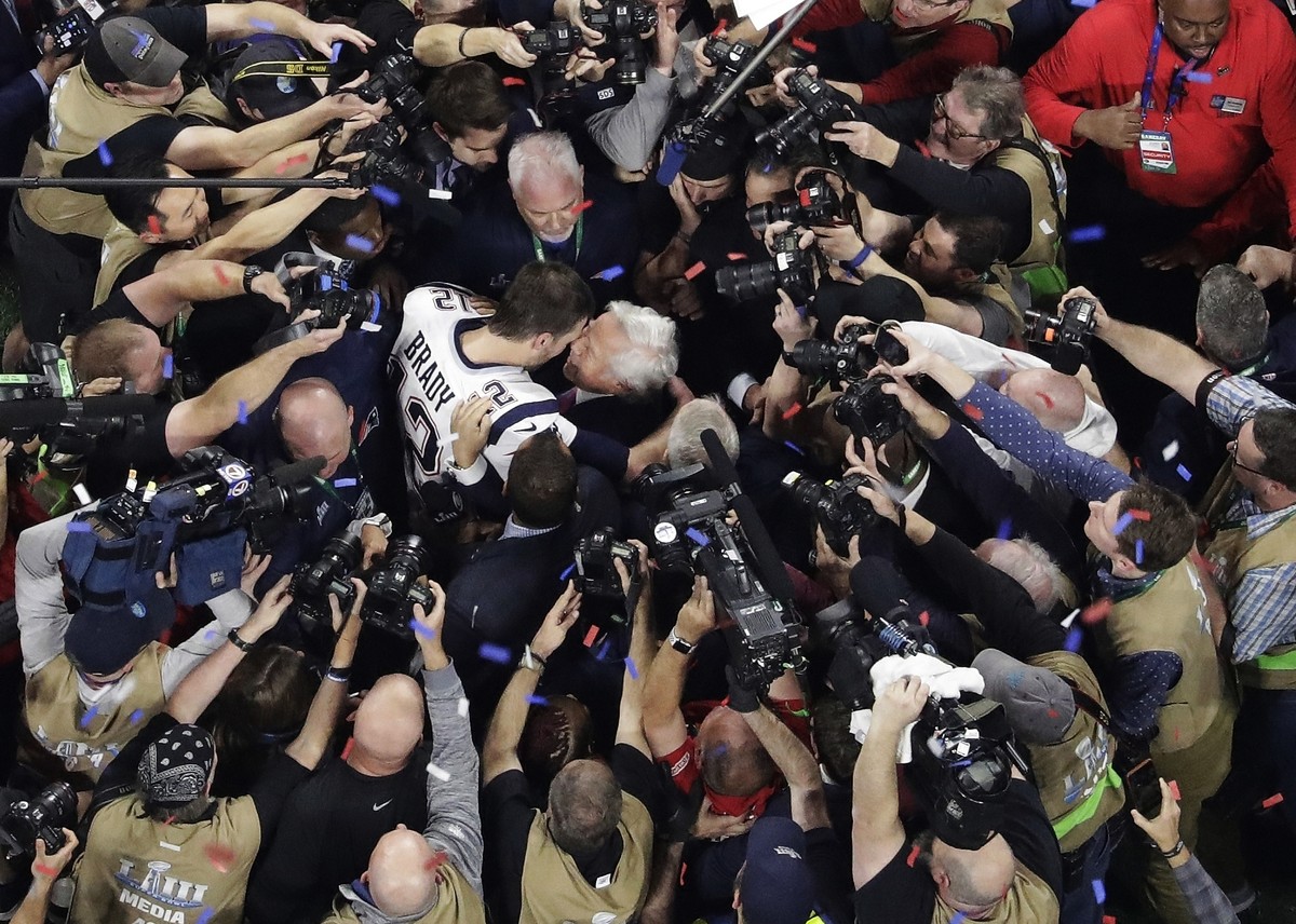 New England Patriots' Tom Brady embraces Patriots owner Robert Kraft after the NFL Super Bowl 53 football game against the Los Angeles Rams, Feb. 3, 2019, in Atlanta. The Patriots won 13-3. (AP P ...