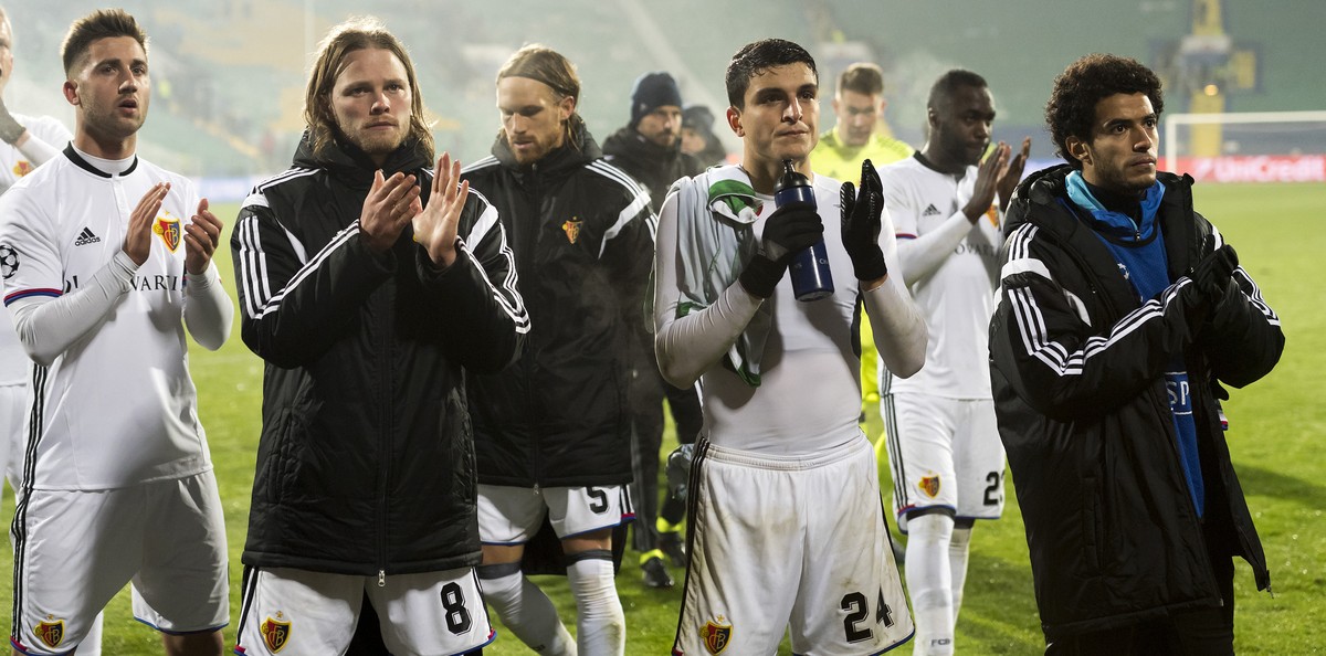 Basel's players thank the fans after an UEFA Champions League Group stage Group A matchday 5 soccer match between Bulgaria's PFC Ludogorets Razgrad and Switzerland's FC Basel 1893 in th ...