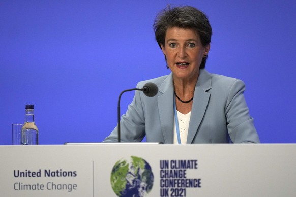 Simonetta Sommaruga, a member of the Swiss Federal Council speaks at the COP26 U.N. Climate Summit in Glasgow, Scotland, Thursday, Nov. 11, 2021. (AP Photo/Alastair Grant)