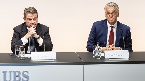 epa10548383 Newly appointed Group Chief Executive Officer of Swiss Bank UBS Sergio P. Ermotti (R) and UBS Chairman Colm Kelleher attend a news conference in Zurich, Switzerland, 29 March 2023. Followi ...