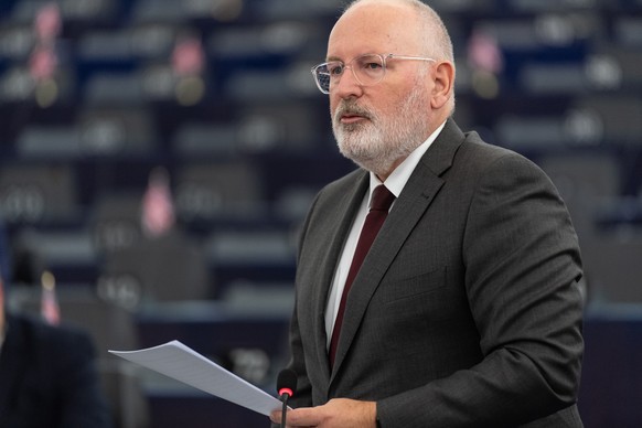 epa07115483 First Vice-President of European Commission Frans Timmermans of the Netherlands delivers his speech at the European Parliament in Strasbourg, France, 23 October 2018 at the debate about th ...