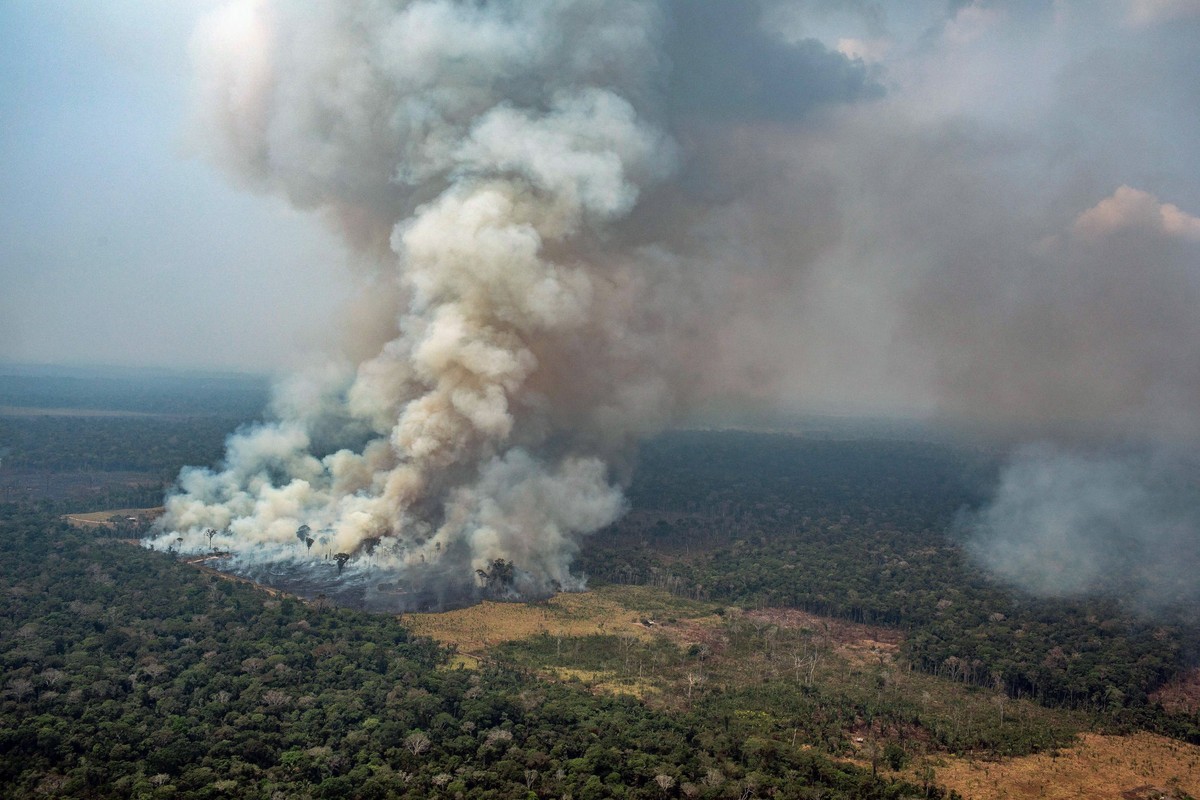 epa07792911 A handout photo made available by Greenpeace Brazil showing smoke rising from the fire at the Amazon forest in Novo Progresso in the state of Para, Brazil, 23 August 2019. EPA/Victor Moriy ...