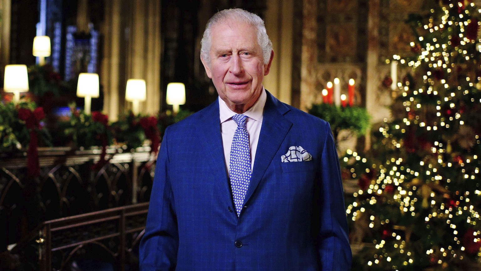 King Charles III records his first Christmas broadcast in the Quire of St George&#039;s Chapel at Windsor Castle, Berkshire, Friday, Dec. 13, 2022. (Victoria Jones/Pool via AP)