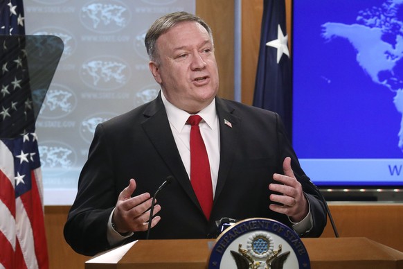 Secretary of State Mike Pompeo addresses a news conference at the State Department in Washington, Tuesday, April 7, 2020. (Leah Millis/Pool Photo via AP)
Mike Pompeo