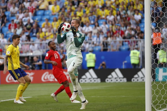 Sweden goalkeeper Robin Olsen catches the ball during the quarterfinal match between Sweden and England at the 2018 soccer World Cup in the Samara Arena, in Samara, Russia, Saturday, July 7, 2018. (AP ...