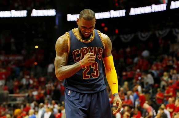 ATLANTA, GA - MAY 20: LeBron James #23 of the Cleveland Cavaliers reacts in the final minutes of their 97 to 89 win over the Atlanta Hawks during Game One of the Eastern Conference Finals of the 2015  ...