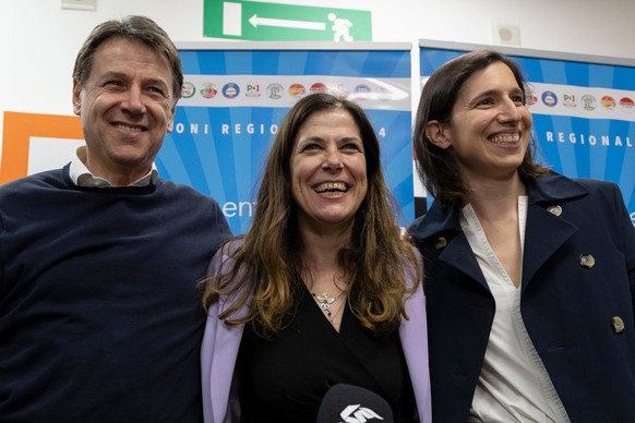 epa11183832 (L-R) M5S leader Giuseppe Conte, Alessandra Todde and Democratic Party (PD) leader Elly Schlein in Cagliari, Sardinia island, Italy, 26 February 2024 (issued 27 February 2024). The countin ...