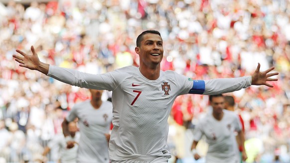 Portugal&#039;s Cristiano Ronaldo celebrates after scoring the opening goal during the group B match between Portugal and Morocco at the 2018 soccer World Cup in the Luzhniki Stadium in Moscow, Russia ...