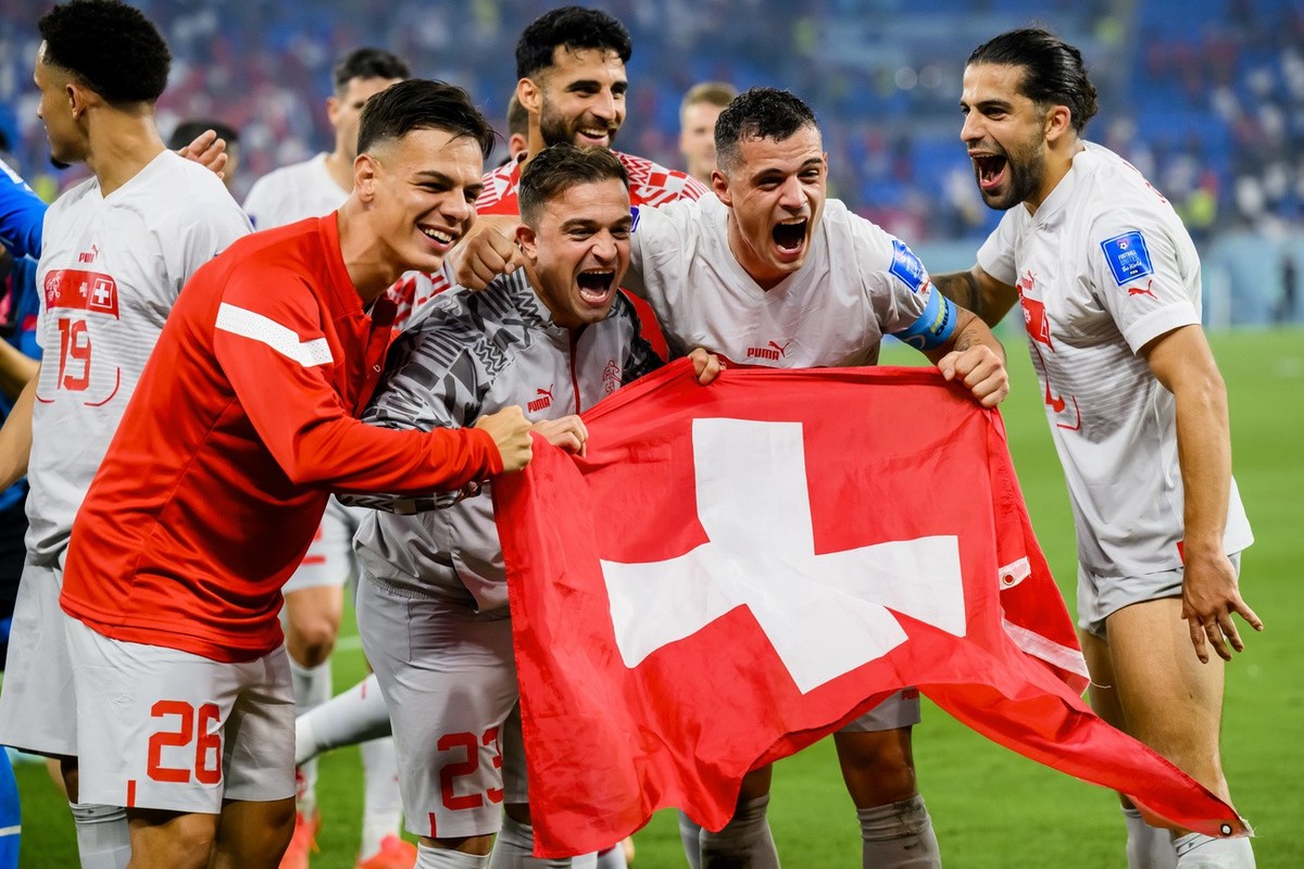 Switzerland's midfielder Ardon Jashari, Switzerland's midfielder Xherdan Shaqiri, Switzerland's midfielder Granit Xhaka and Switzerland's defender Ricardo Rodriguez, from left to r ...