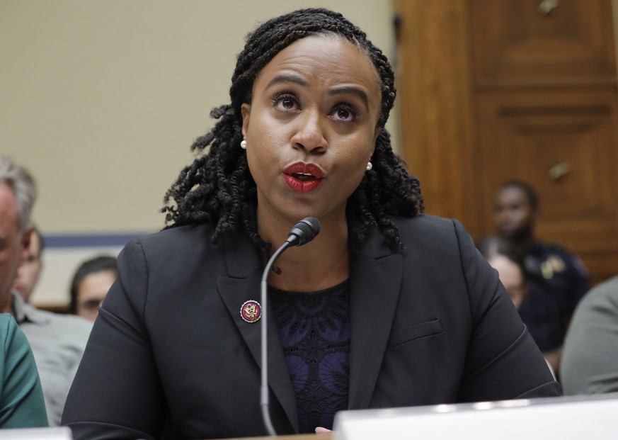 Rep. Ayanna Pressley, D-Mass., speaking before the House Oversight Committee hearing on family separation and detention centers, Friday, July 12, 2019 on Capitol Hill in Washington. (AP Photo/Pablo Ma ...