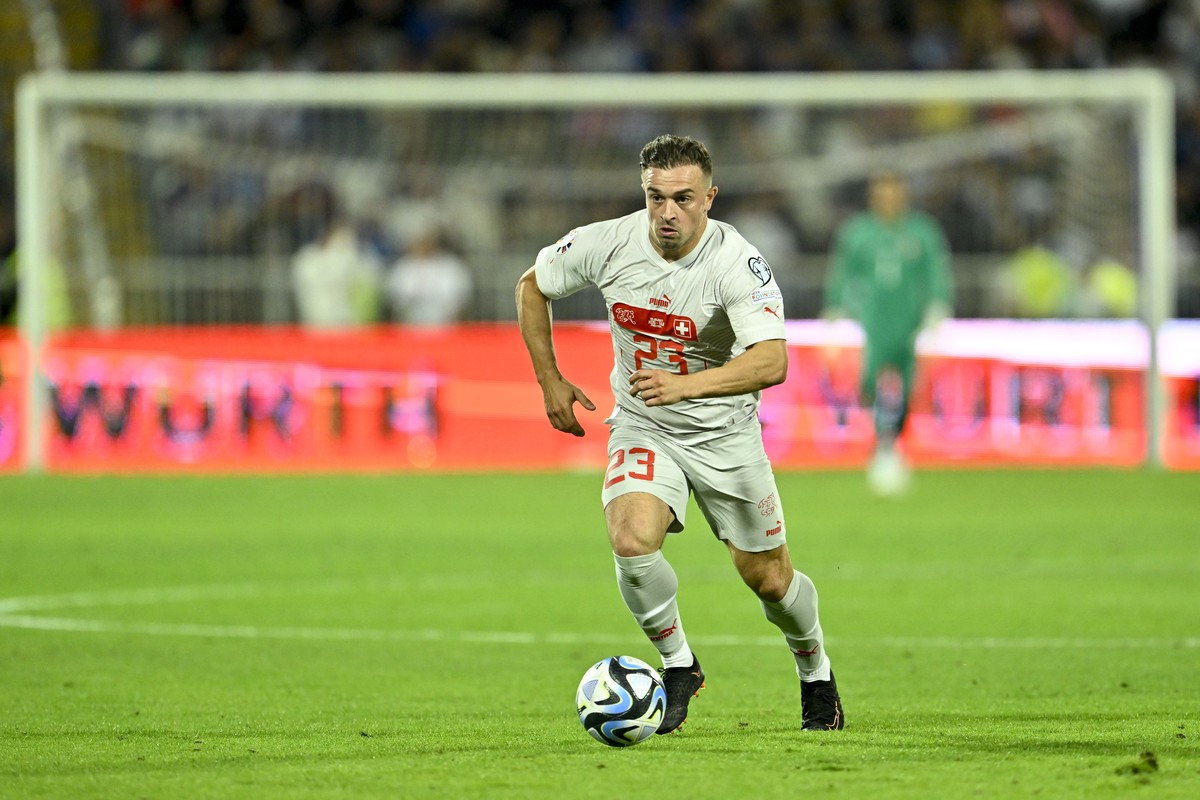 Switzerland's midfielder Xherdan Shaqiri during the UEFA Euro 2024 qualifying group I soccer match between Kosovo and Switzerland at the stadium Fadil Vokrri, in Pristina, Kosovo, Saturday, Septe ...