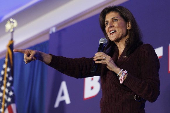 epa11195657 Republican US presidential candidate Nikki Haley gestures during a campaign stop in Needham, Massachusetts, USA, 02 March 2024. The former South Carolina governor Haley is running against  ...