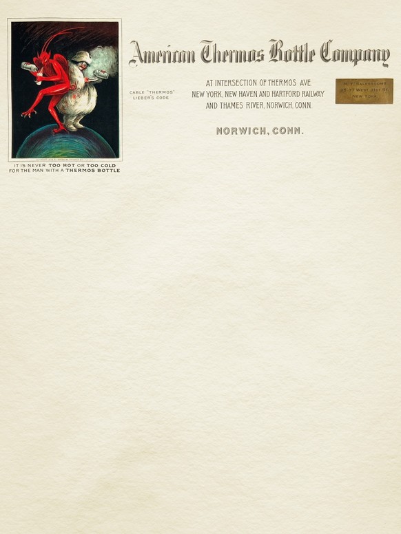 1915: 
Founded in 1907, the American Thermos Bottle Company became the leading manufacturer of vacuum-insulated flasks. This letterhead was used in 1915, two years after the company opened its primary ...