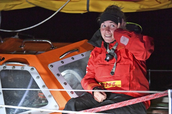 British yachtswoman Susie Goodall sailing her Rustler 36 yacht DHL STARLIGHT on arrival at Hobart, Australia, Oct. 30, 2018, arriving in 4th place in the 2018 Golden Globe Race. British woman Goodall  ...