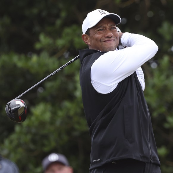 Tiger Woods of the US plays off the 3rd tee during the second round of the British Open golf championship on the Old Course at St. Andrews, Scotland, Friday July 15, 2022. The Open Championship return ...