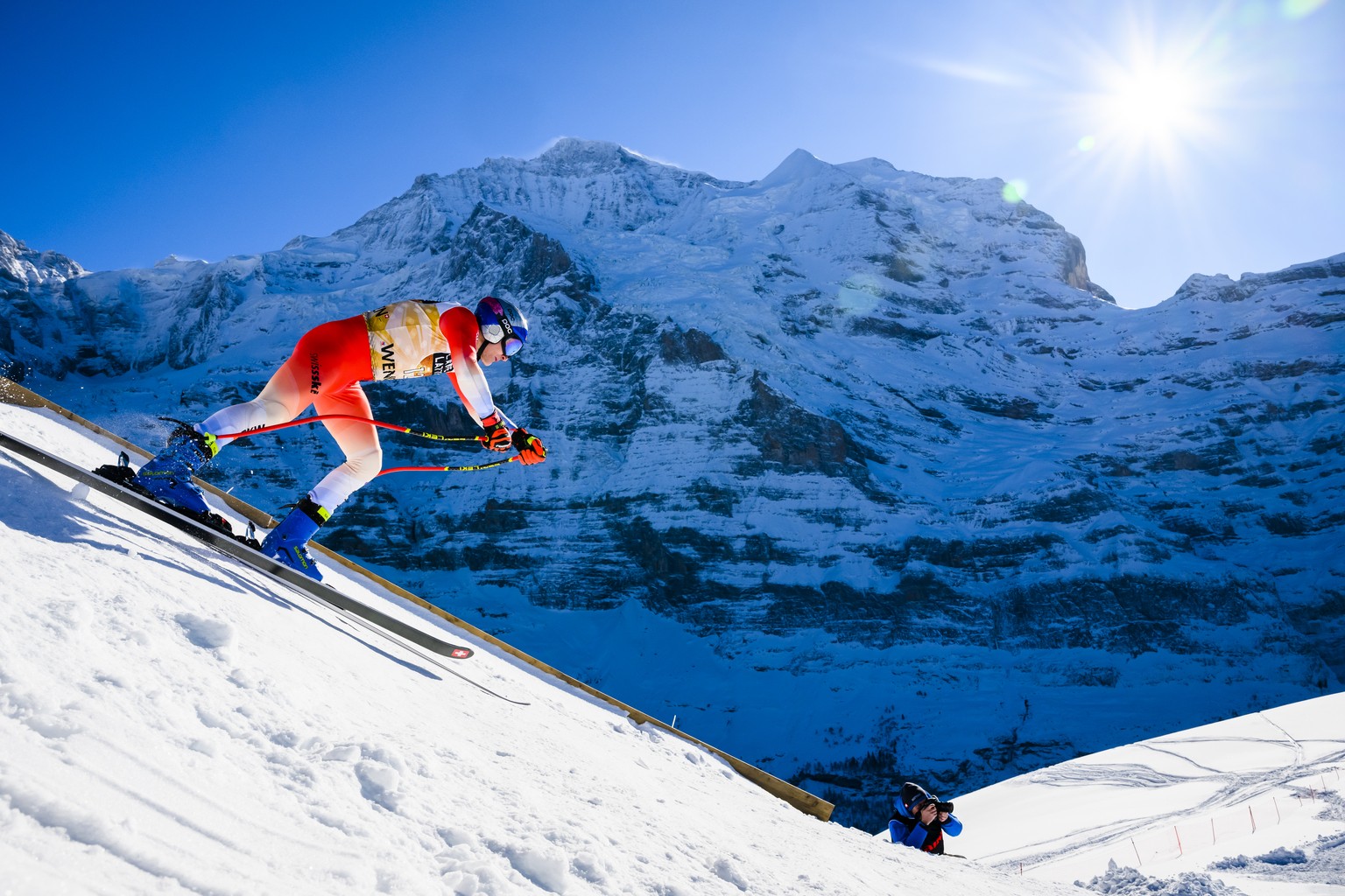 Marco Odermatt of Switzerland takes the start during the men&#039;s downhill training race at the Alpine Skiing FIS Ski World Cup in Wengen, Switzerland, Tuesday, January 10, 2023. (KEYSTONE/Jean-Chri ...