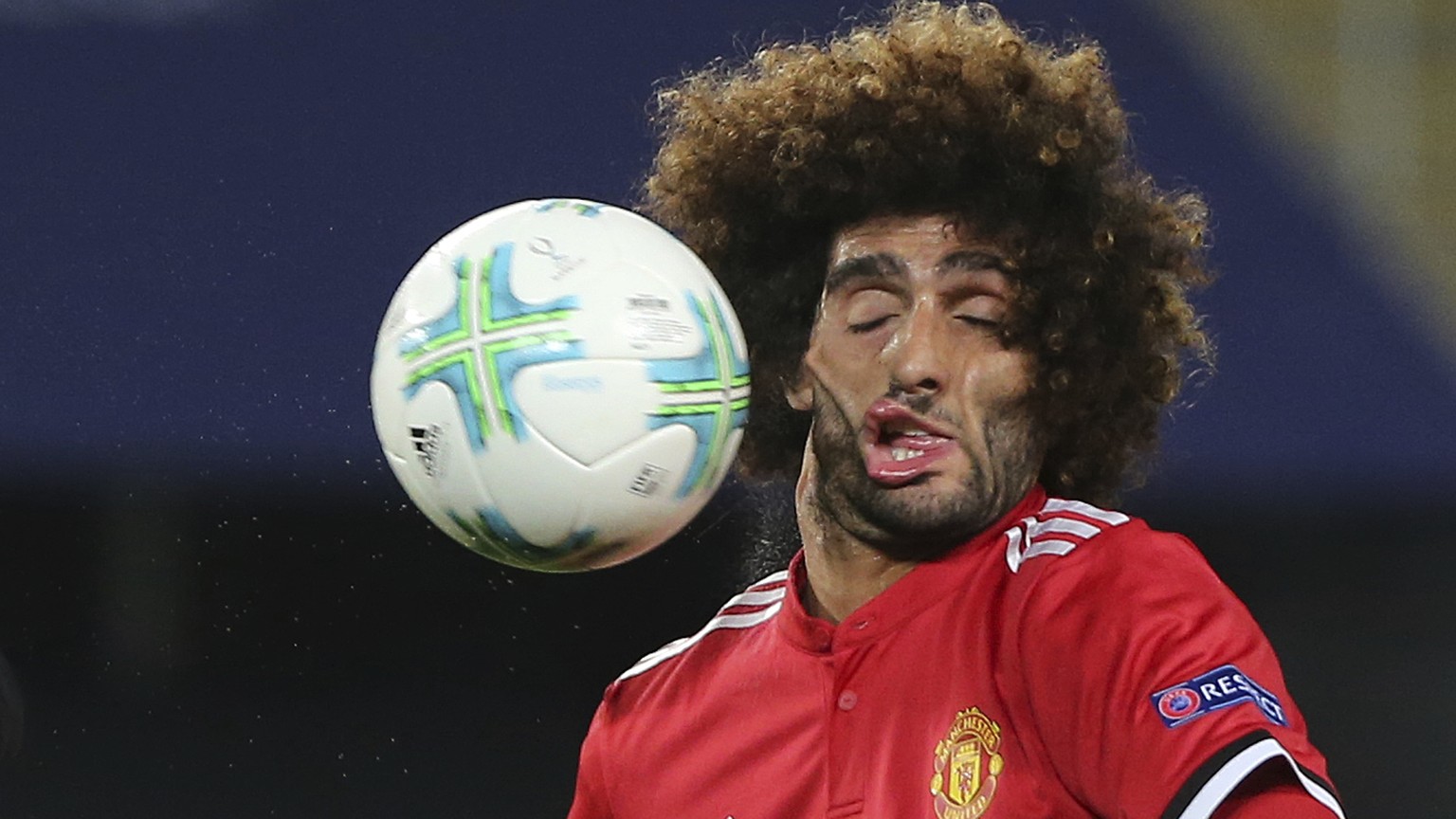 Manchester United&#039;s Marouane Fellaini during the UEFA Super Cup final soccer match between Real Madrid and Manchester United at Philip II Arena in Skopje, Tuesday, Aug. 8, 2017. (AP Photo/Boris G ...