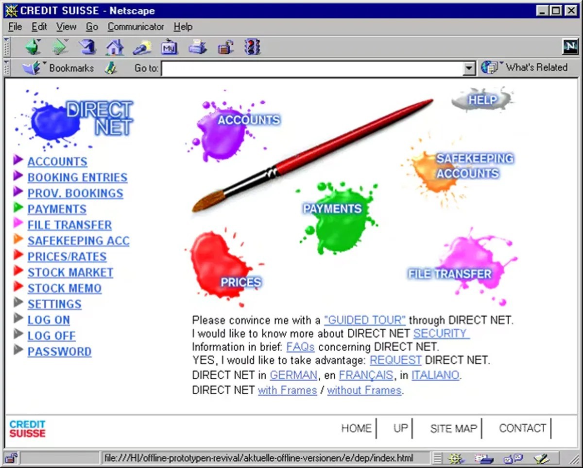 «Direct Net», das erste e-Banking der Schweiz, ging im April 1997 online. Screenshot der Startseite.
https://www.blick.ch/wirtschaft/schon-so-alt-credit-suisse-erstes-schweizer-online-banking-feiert-2 ...