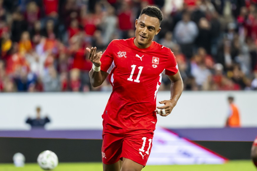 epa13285801 Switzerland's Dan Ndoye celebrates scoring the 3-0 goal in the UEFA Nations League group stage soccer match between Switzerland and North Macedonia at the Thermoplanarena in Lucerne,  ...