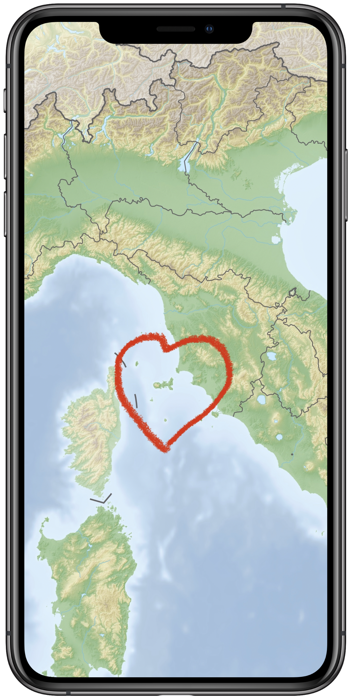 Die grosse Insel links von Elba (im Herz) ist Korsika.