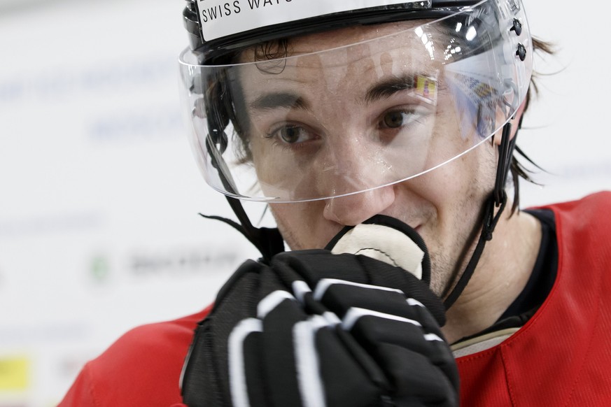 ARCHIVBILD - Simon Moser (28) wird neuer Captain beim Schweizer Meister SC Bern - Switzerland&#039;s Simon Moser speaks to the media, after a training session of the IIHF 2016 World Championship at th ...