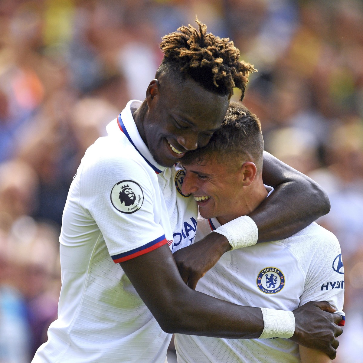 Chelsea's Mason Mount, right, celebrates scoring his side's second goal of the game with Tammy Abraham during the English Premier League soccer match between Norwich City and Chelsea at the  ...