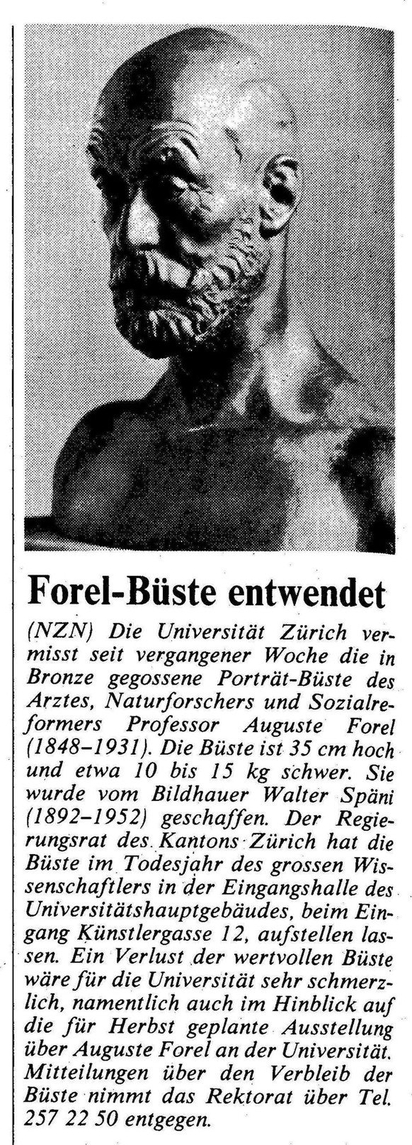Die Neuen Zürcher Nachrichten berichteten am 31. Mai 1986 über das Verschwinden der Büste. Das «Signalement» war allerdings ungenau...
https://www.e-newspaperarchives.ch/?a=d&amp;d=NZN19860531-01.2.9. ...