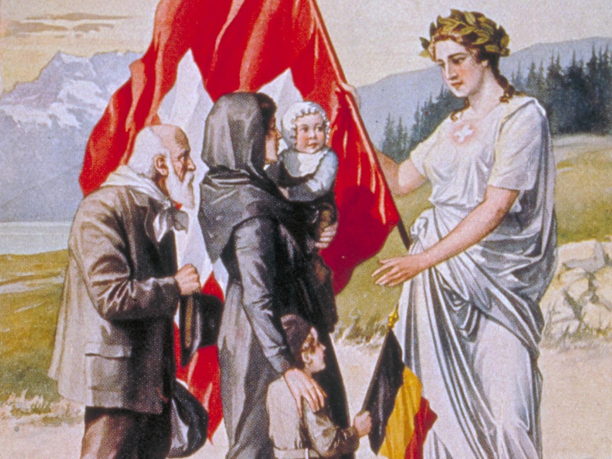 «Die Schweiz empfängt ihre neutrale Schwester Belgien». Kolorierte Postkarte von 1914-1918.
https://sammlung.nationalmuseum.ch/de/list?detailID=-116243