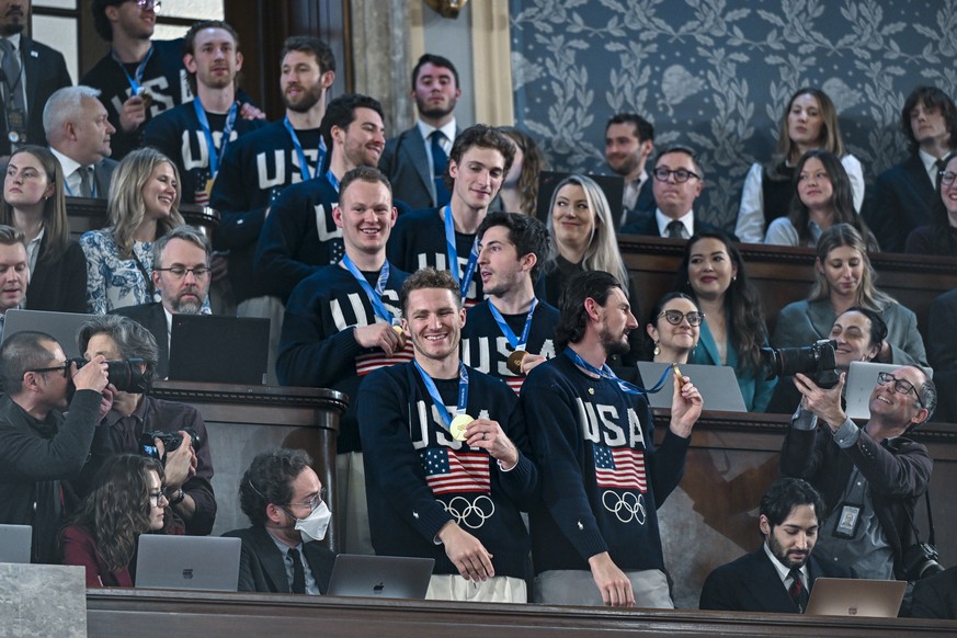 epa12775100 The United States Olympic Men's Ice Hockey Team arrives as US President Donald J. Trump delivers the first State of the Union address of his second term to a joint session of Congress ...