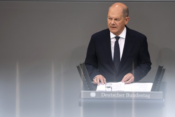 epa11392599 German Chancellor Olaf Scholz addresses the German parliament &#039;Bundestag&#039; in Berlin, Germany, 06 June 2024. German Chancellor Scholz will deliver a speech on the current security ...