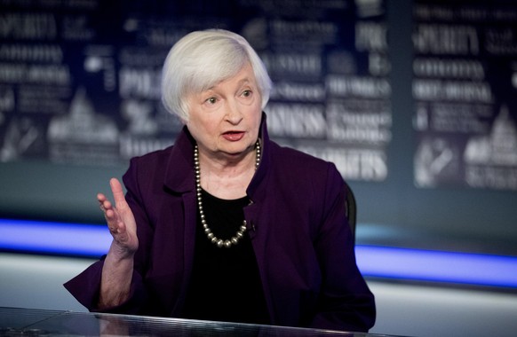 FILE - In this Aug. 14, 2019, file photo former Fed Chair Janet Yellen speaks with FOX Business Network guest anchor Jon Hilsenrath in the Fox Washington bureau in Washington. The Senate Finance Commi ...