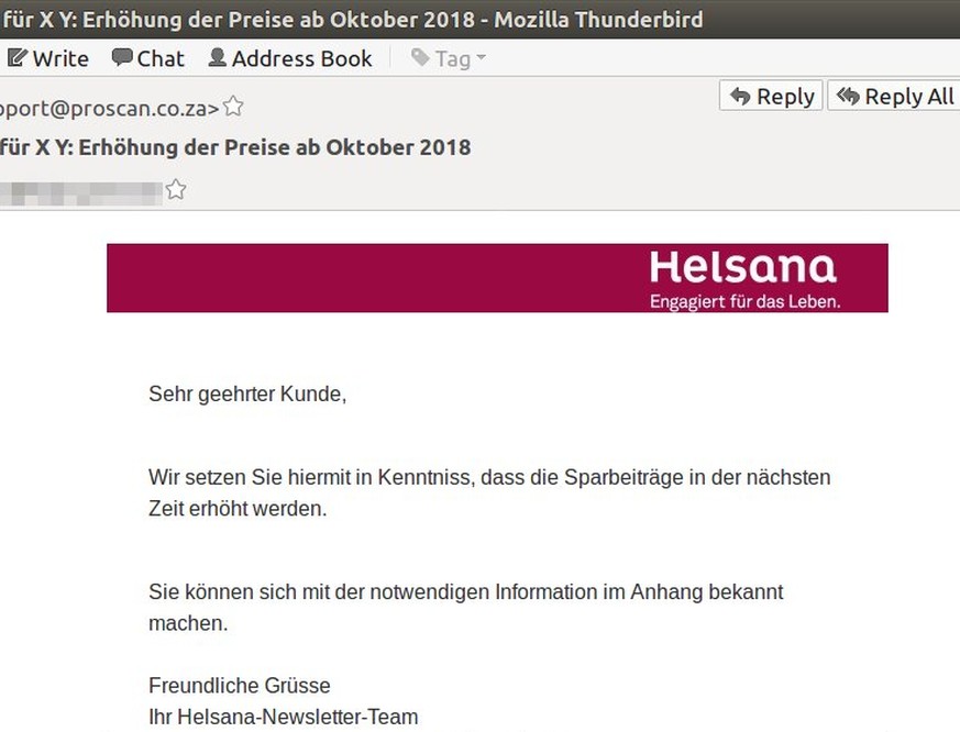 Nein, diese E-Mail stammt nicht von der Helsana. Wer die angehängte Word-Datei öffnet, fängt sich einen E-Banking-Trojaner ein.