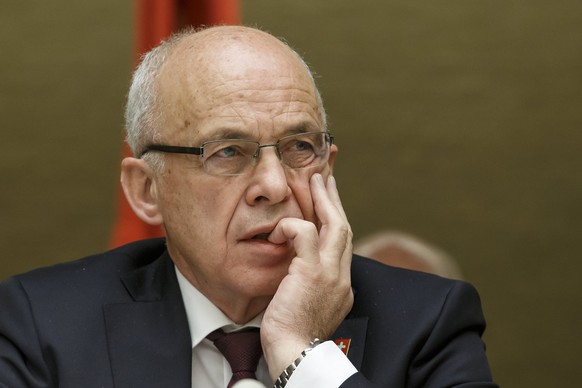 epa06642766 Swiss Minister of Finance Ueli Maurer listens to a statement, during the High-Level Pledging Event for the Humanitarian Crisis in Yemen at the European headquarters of the United Nations i ...