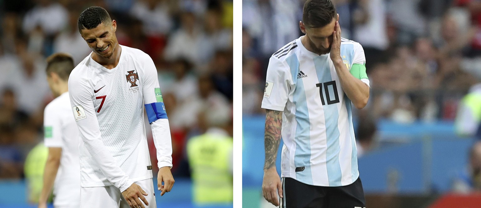 This combo photo shows Argentina&#039;s Lionel Messi, right, and Portugal&#039;s Cristiano Ronaldo reacting during their round of 16 matches respectively against France and Uruguay, at the 2018 soccer ...