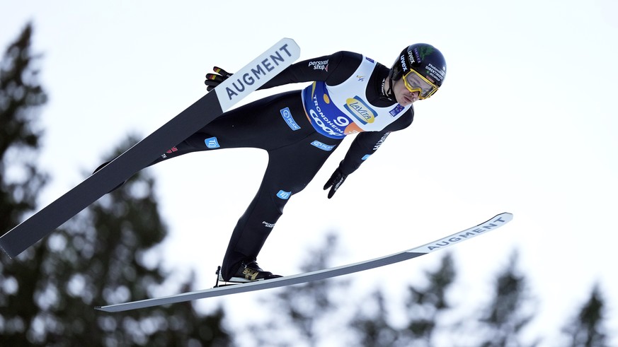 Philipp Raimund, of Germany, soars through the air during his first round jump of the ski jumping men&#039;s team large hill competition at the Nordic World Ski Championships in Trondheim, Norway, Thu ...